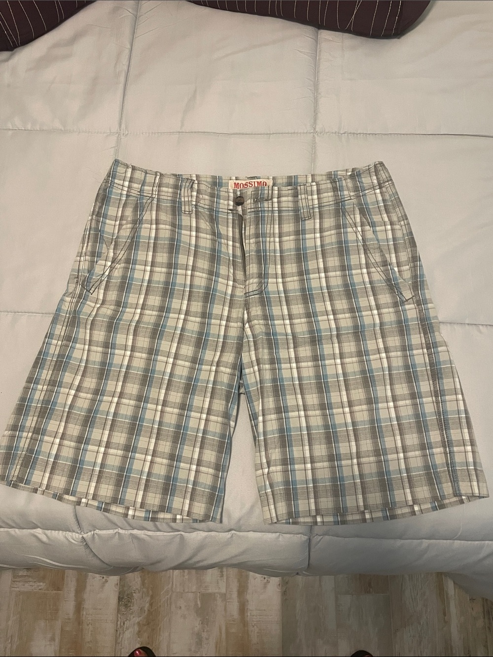 Mossimo Supply Co. Men's Plaid Flat-Front Shorts in Beige, Light Blue & Gray